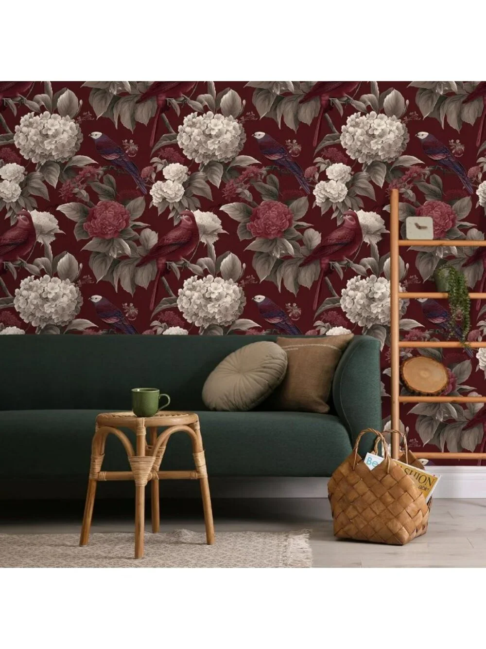 Deep Burgundy Floral Peel and Stick Wallpaper - Vintage Hydrangeas & Birds